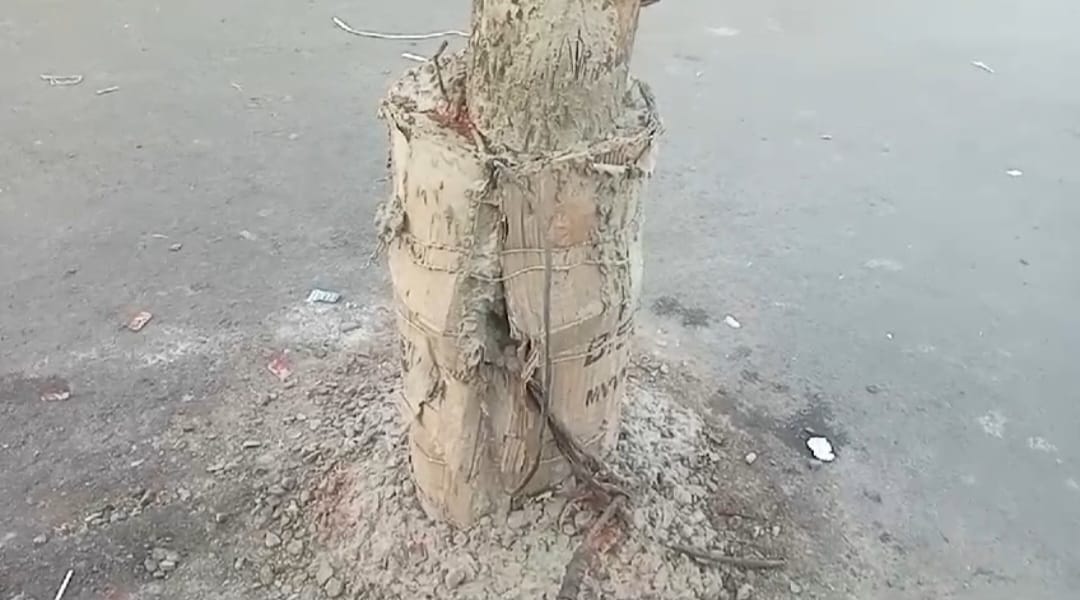 वाह भाई वाह,,खूब ढूंढा जुगाड़,गत्ते का फ्रेम बनाकर खंभे में भर दिया गया मसाला