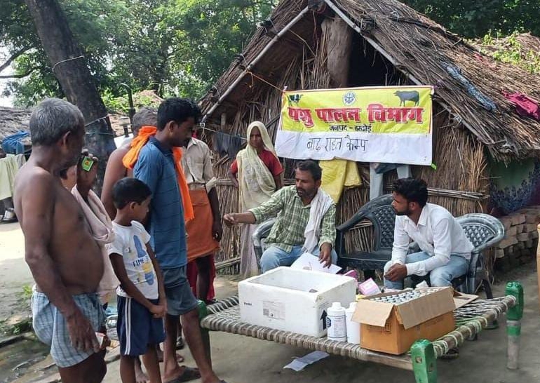 पशु चिकित्सा टीम ने बाढ़ ग्रस्त क्षेत्र में 380 पशुओं को दी दबाएं